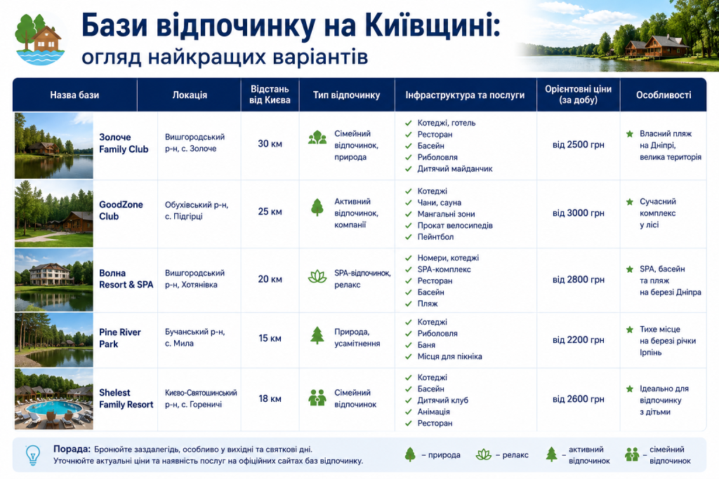 Таблиця з порівнянням баз відпочинку Київщини з цінами, локаціями та переліком послуг