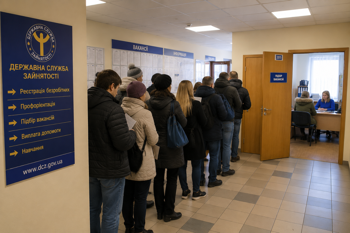 Люди стоять у черзі до кабінету підбору вакансій у Державній службі зайнятості України
