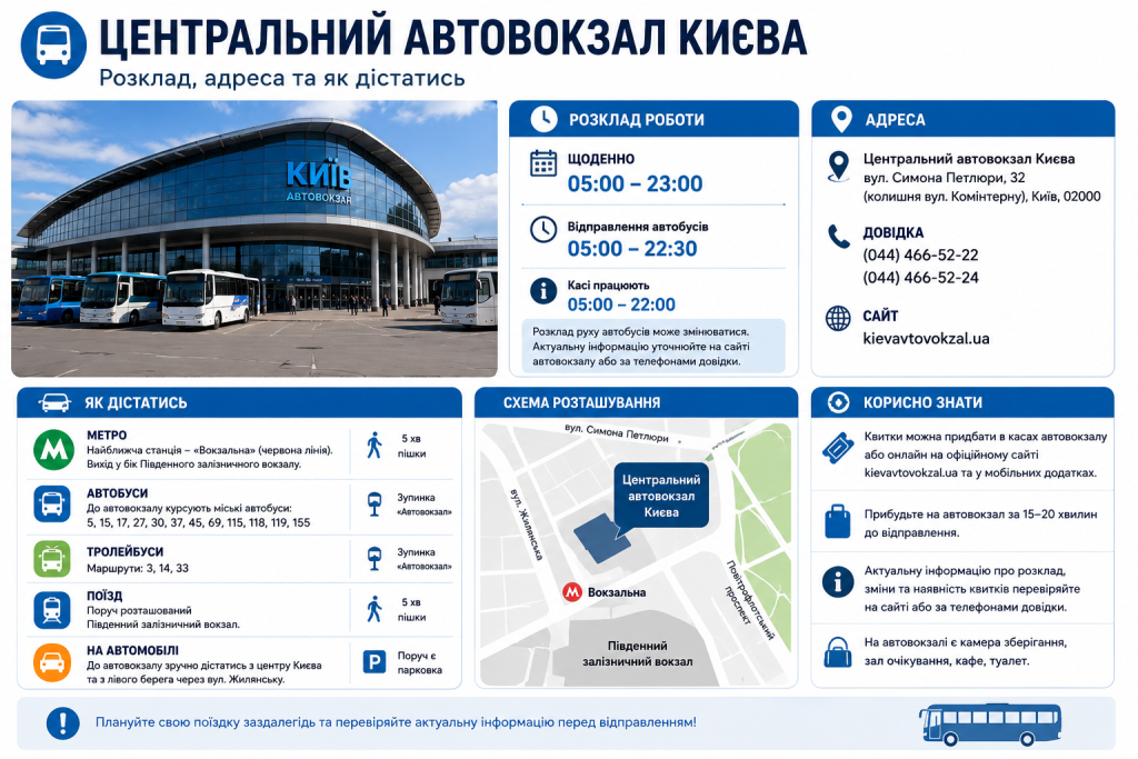 Інфографіка з адресою, розкладом роботи, схемою розташування та способами дістатися до центрального автовокзалу Києва