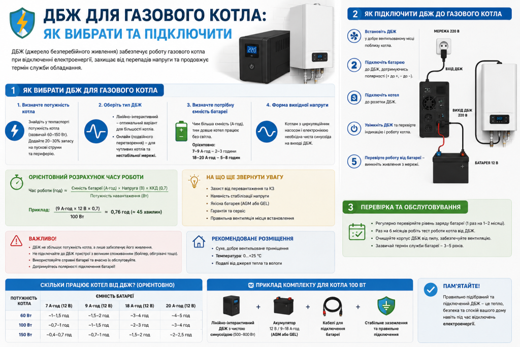 Інфографіка про вибір та підключення ДБЖ для газового котла з розрахунком часу роботи