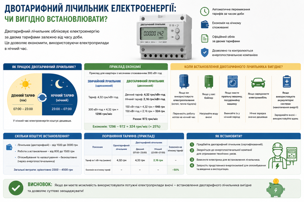 Інфографіка про переваги та економію від двотарифного лічильника електроенергії