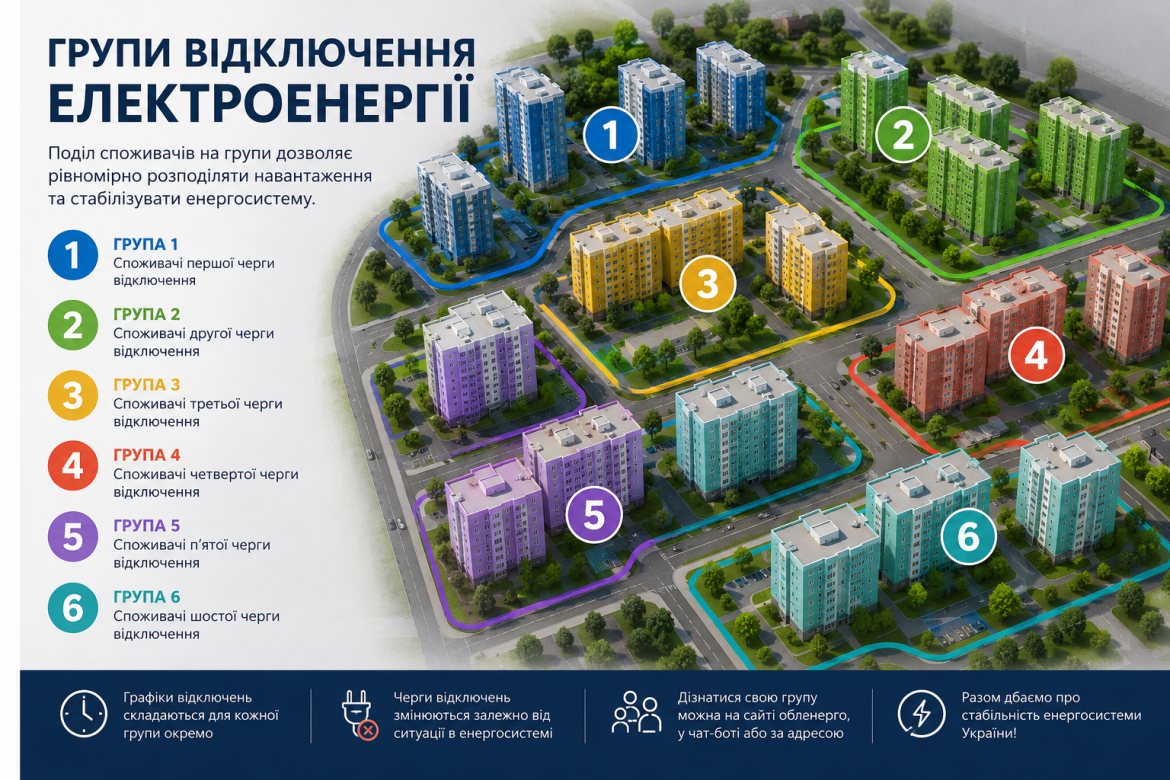 3D-схема житлового кварталу з позначенням шести груп відключення електроенергії різними кольорами