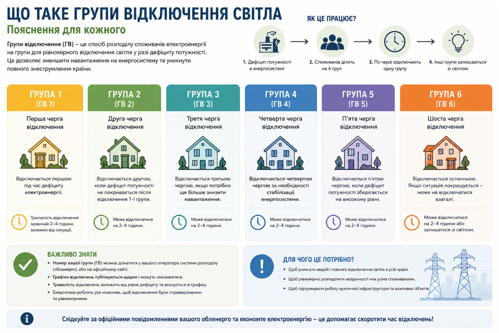 Інфографіка з поясненням шести груп відключення електроенергії в Україні та принципом їхньої роботи