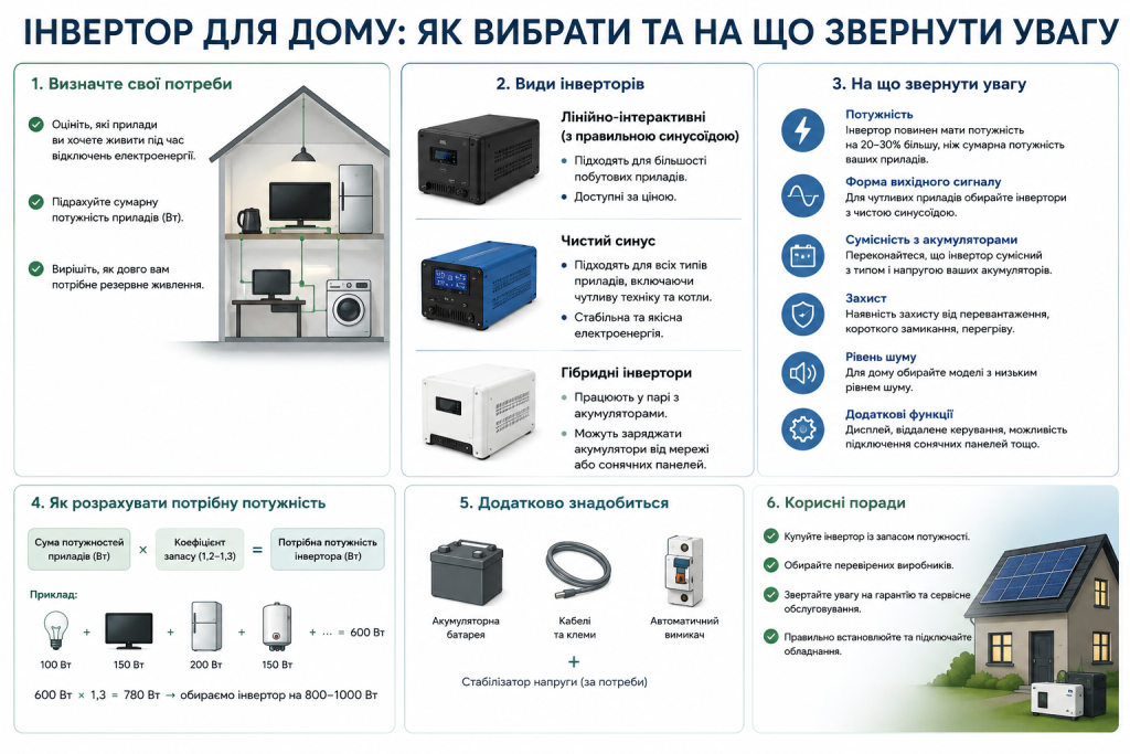 Інфографіка про вибір інвертора для дому: види інверторів, розрахунок потужності, перелік критеріїв вибору та корисні поради щодо підключення резервного живлення