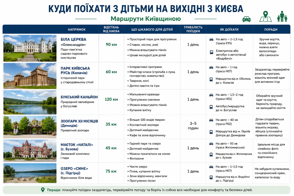 Таблиця з маршрутами для сімейного відпочинку з дітьми на Київщині у вихідні