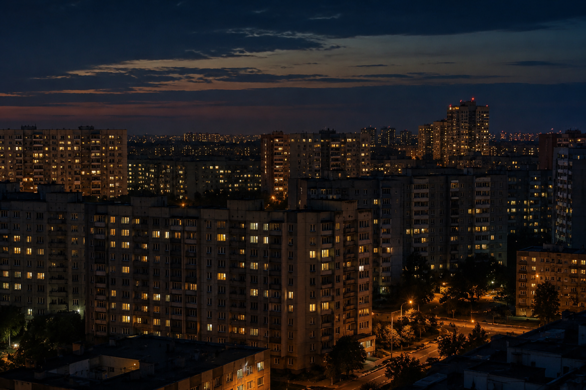 Нічна панорама міста з частково освітленими вікнами багатоповерхівок під час відключення світла