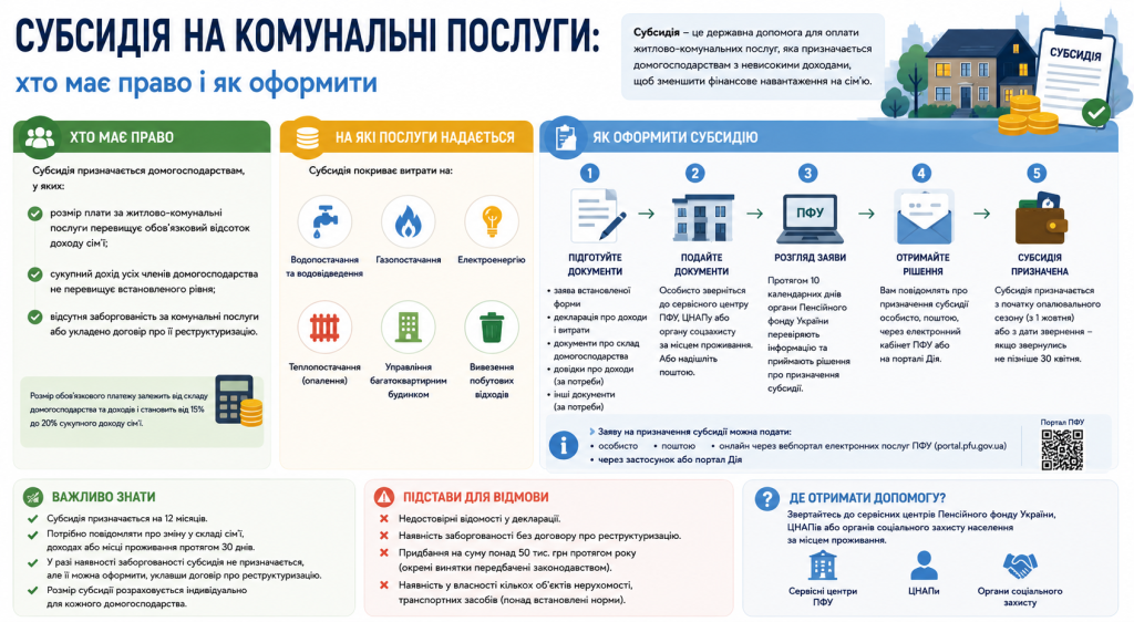 Інфографіка про умови отримання та порядок оформлення субсидії на комунальні послуги