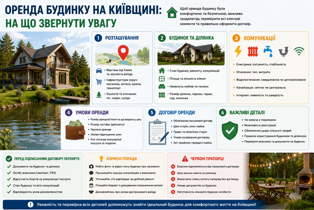 Інфографіка з шістьма ключовими критеріями оренди будинку на Київщині