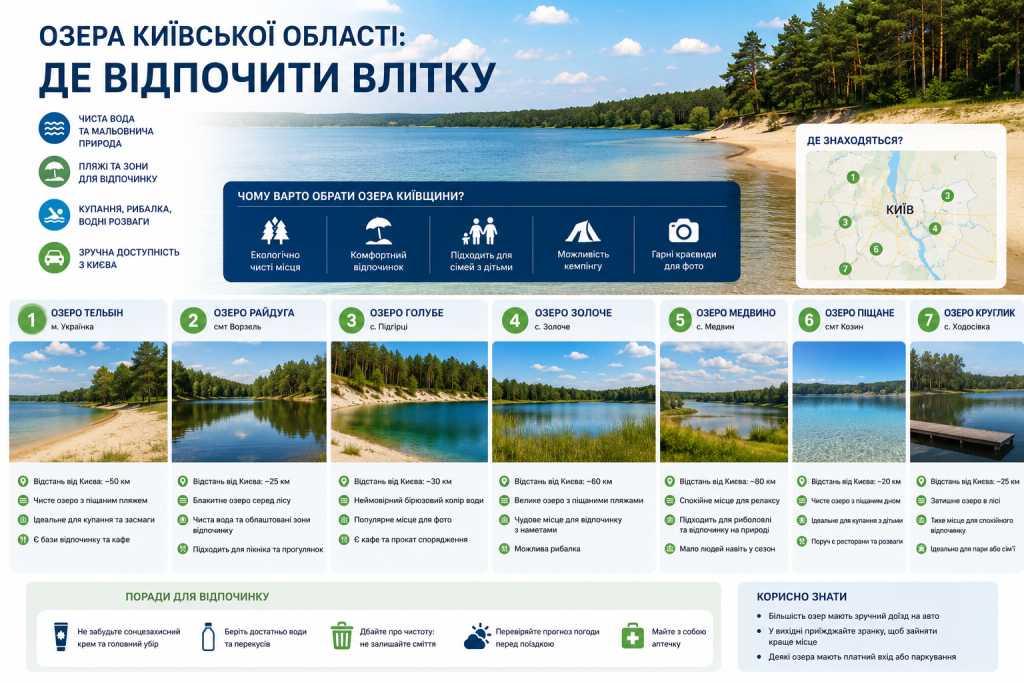 Інфографіка з оглядом семи озер Київської області для літнього відпочинку