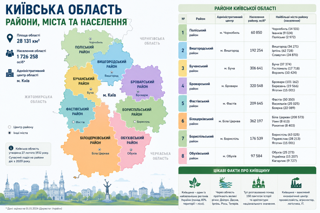 Інфографіка з картою та таблицею районів Київської області з населенням і містами