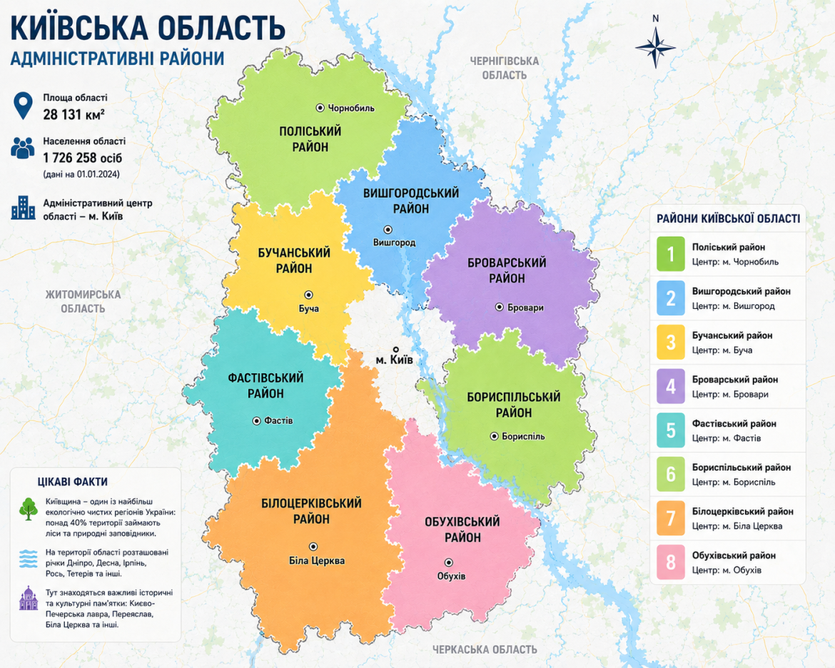 Кольорова карта восьми адміністративних районів Київської області з легендою