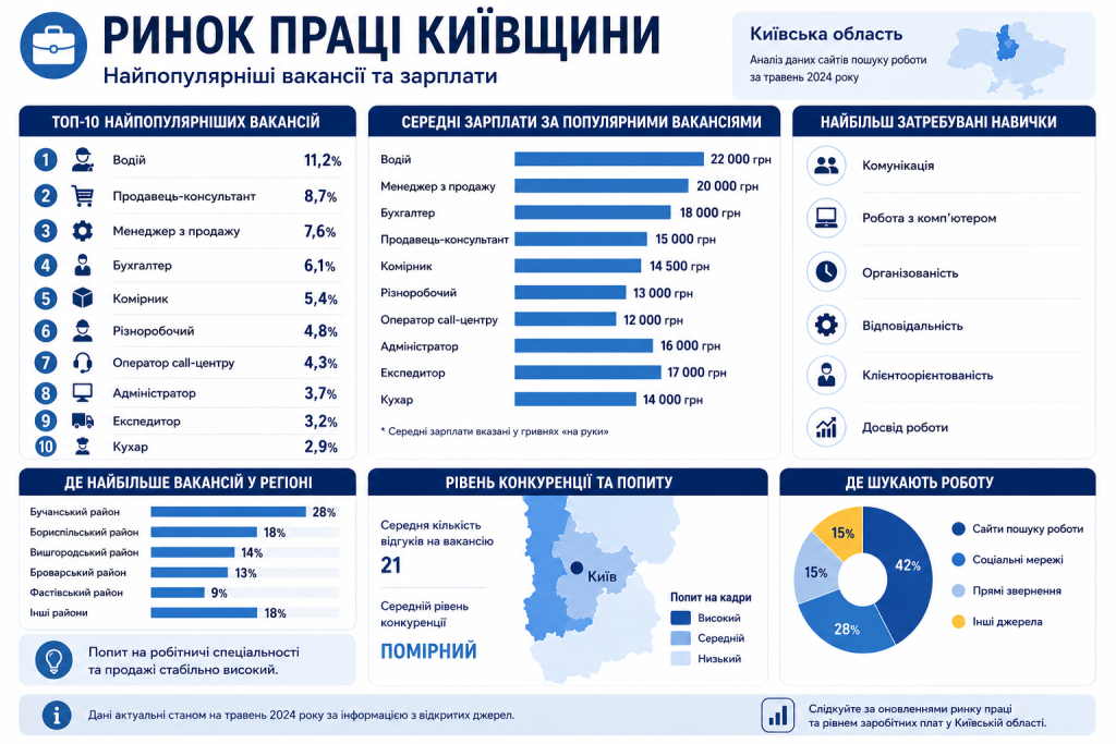 Інфографіка з топ-10 вакансіями та середніми зарплатами на ринку праці Київської області