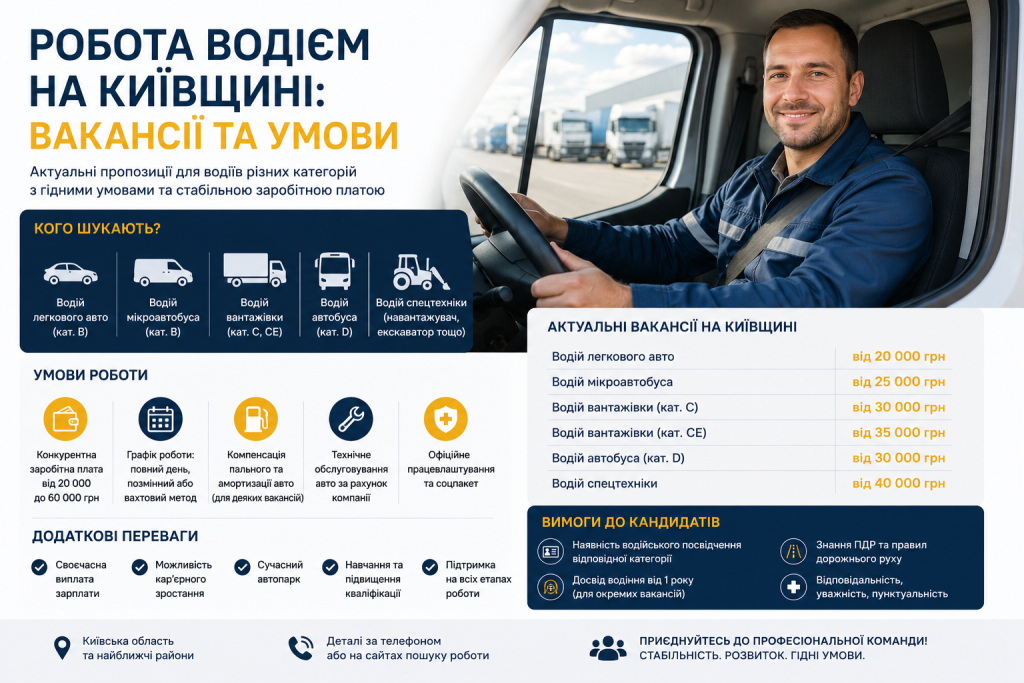Інфографіка про вакансії водія на Київщині з умовами роботи та зарплатами