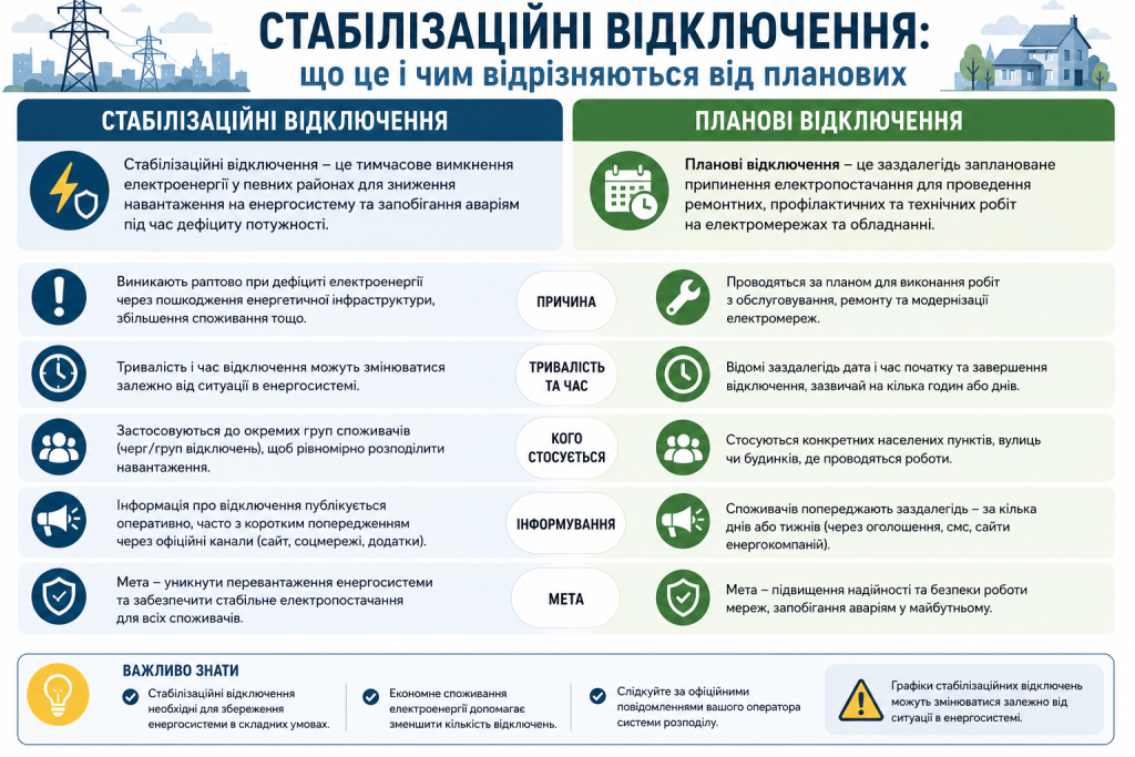 Інфографіка з порівнянням стабілізаційних та планових відключень електроенергії