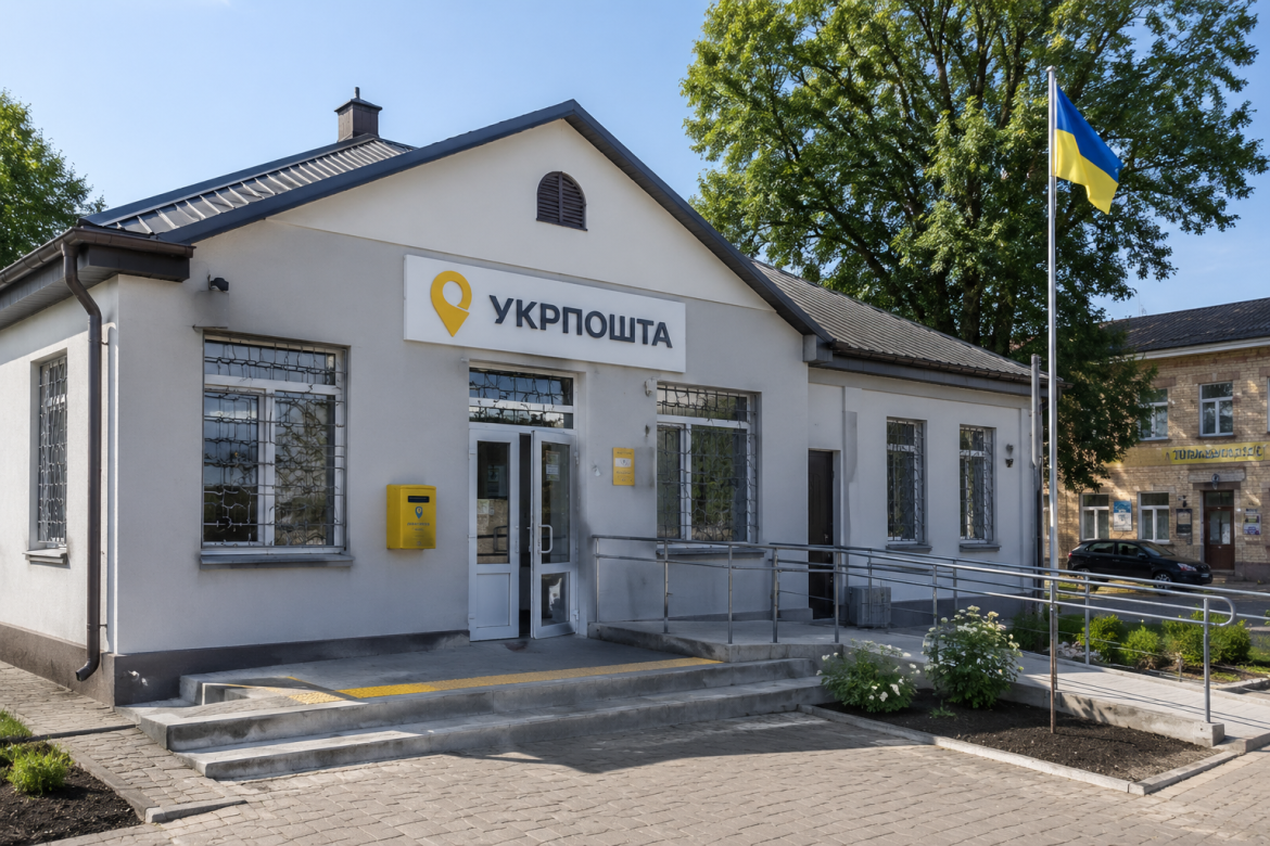 Одноповерхова будівля відділення Укрпошти з жовто-сірим фасадом, вивіскою з логотипом та прапором України поруч на вулиці невеликого міста