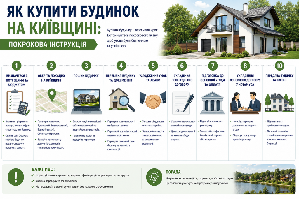 Інфографіка з 10 кроками купівлі приватного будинку на Київщині від вибору бюджету до отримання ключів