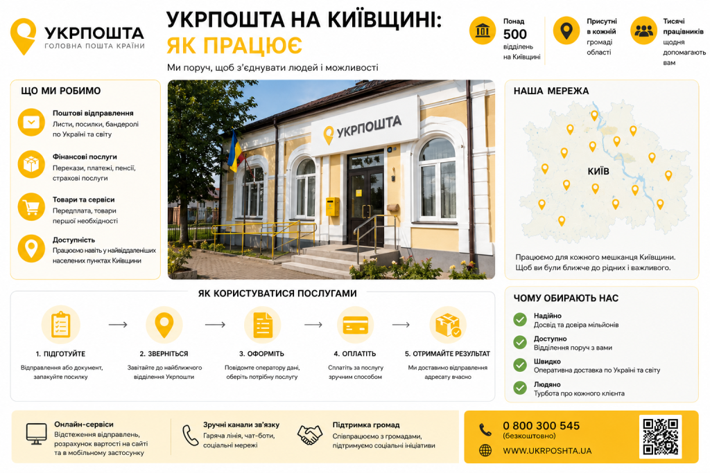 Інфографіка про роботу Укрпошти на Київщині: понад 500 відділень, перелік послуг від поштових відправлень до фінансових послуг, карта мережі, кроки користування та контактна інформація