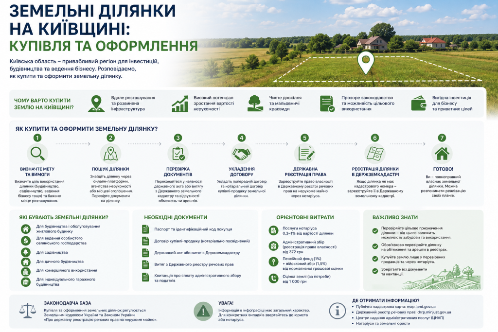 Інфографіка з покроковим порядком купівлі та оформлення земельної ділянки на Київщині
