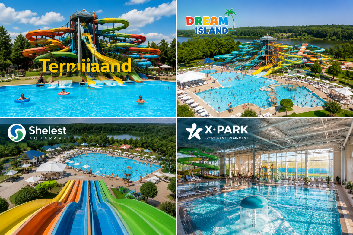 Колаж фотографій аквапарків Термінал, Dream Island, Shelest та X-Park з гірками та басейнами