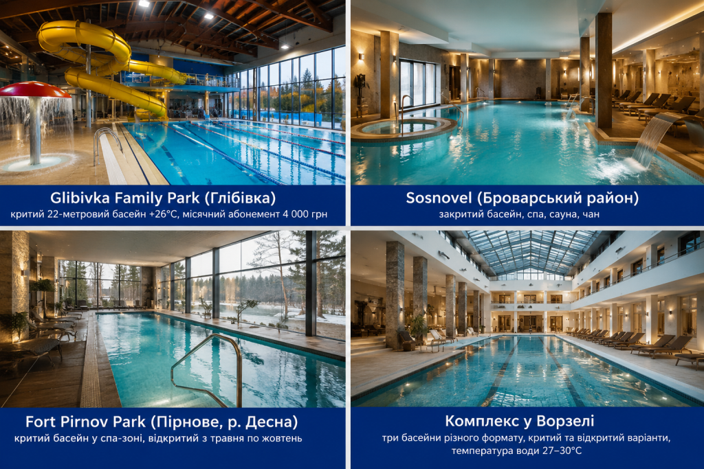 Колаж з чотирма критими басейнами аквапарків біля Києва — Глібівка, Соснове, Пірнове, Ворзель