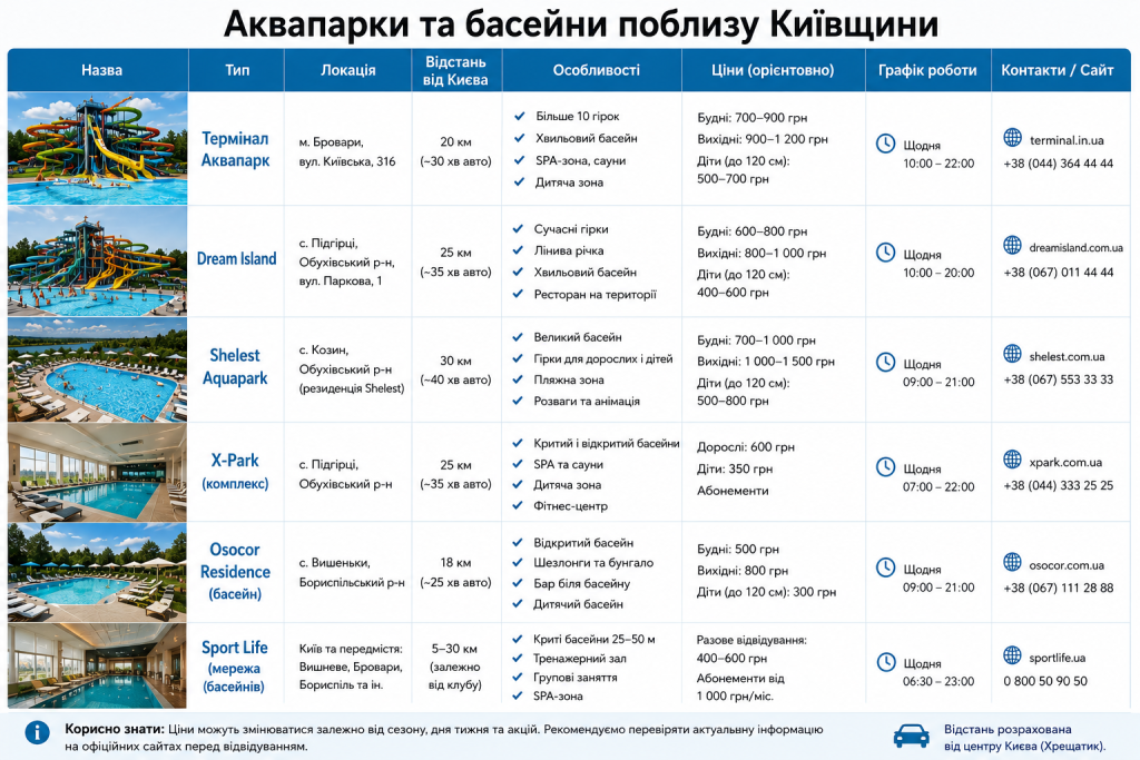 Таблиця з порівнянням аквапарків та басейнів Київщини за цінами, локацією та особливостями