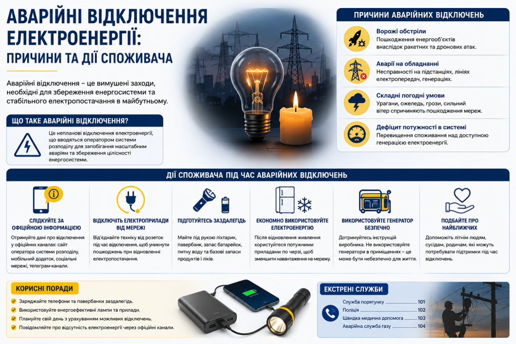 Інфографіка з причинами аварійних відключень електроенергії та порадами для споживачів