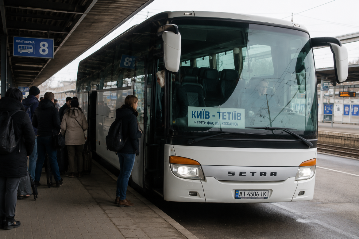 Пасажири сідають в автобус Setra з табличкою маршруту Київ — Тетіїв на автостанції