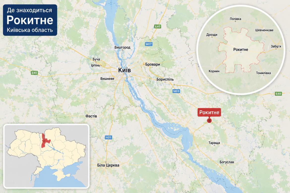Карта розташування селища Рокитне у Київській області України