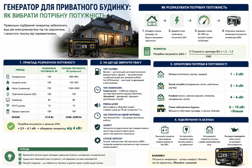 Інфографіка про вибір потужності генератора для приватного будинку.