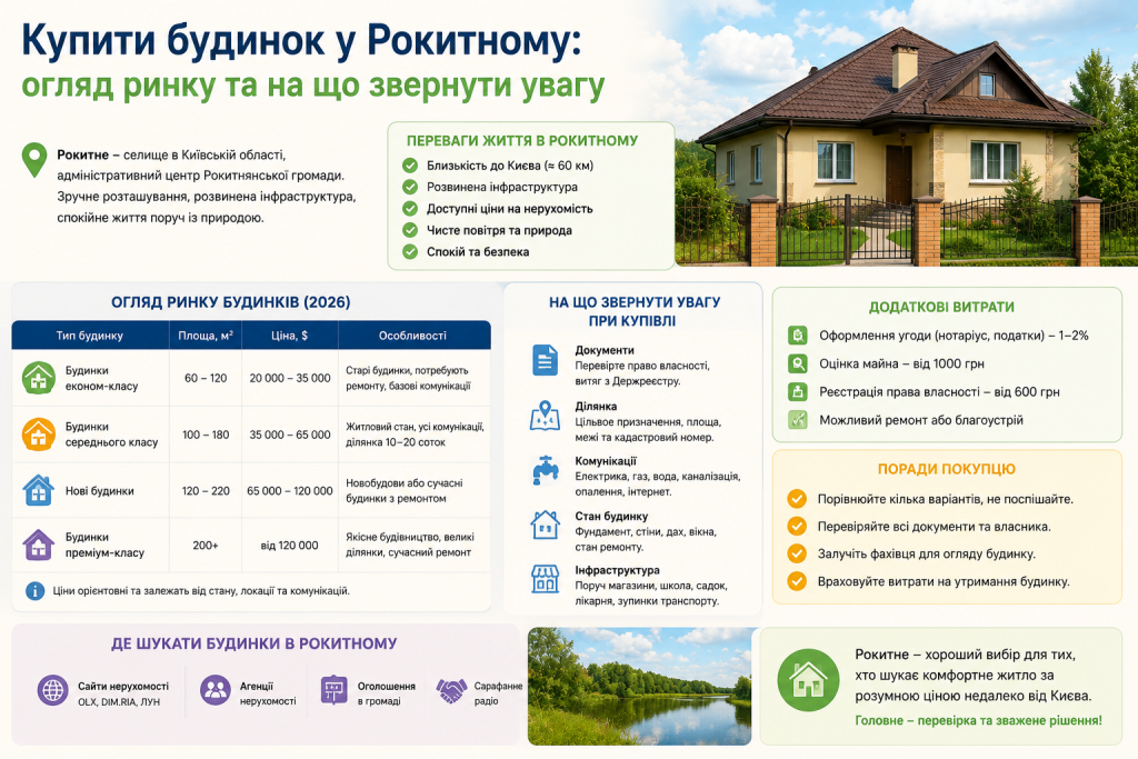 Інфографіка з оглядом ринку нерухомості та порадами щодо купівлі будинку в Рокитному