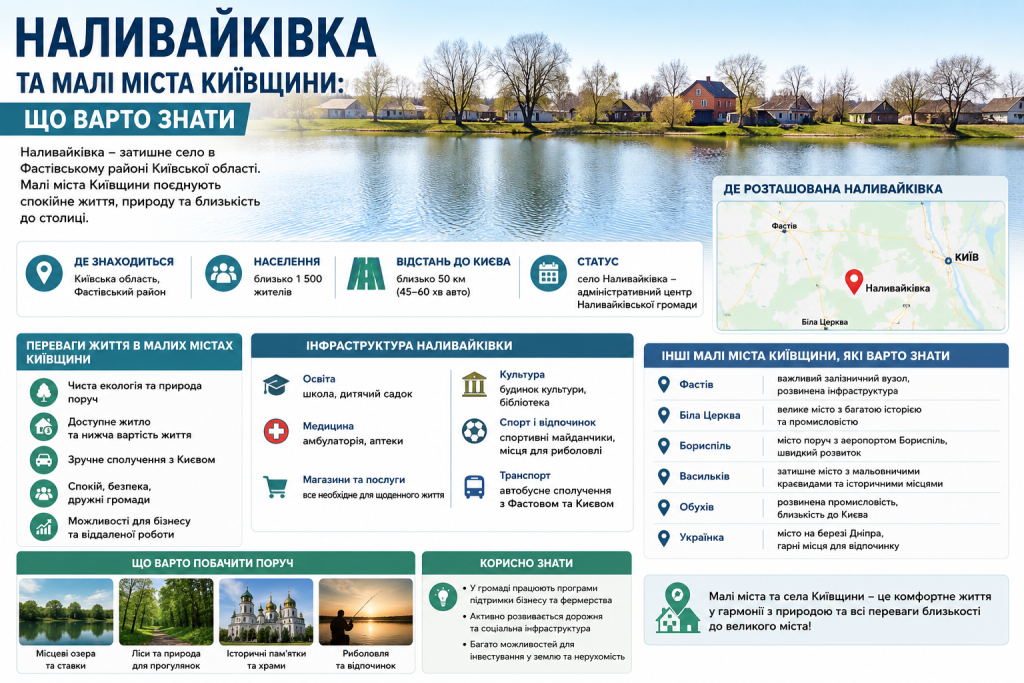 Інфографіка про село Наливайківка Київської області та його особливості.