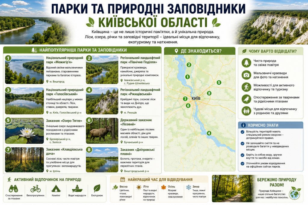Інфографіка про найпопулярніші природні парки та заповідники Київської області