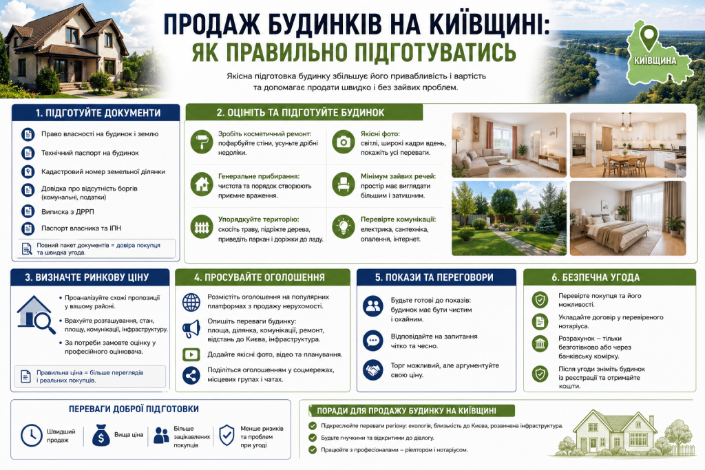 Інфографіка про підготовку будинку до продажу на Київщині: документи, оцінка та безпечна угода