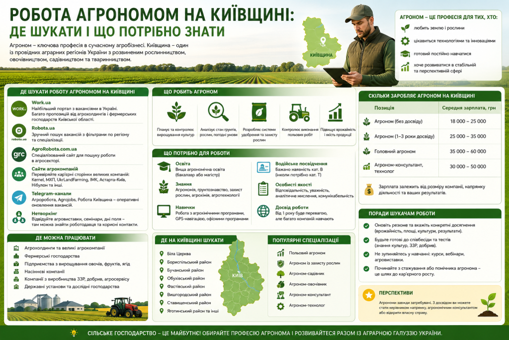 Інфографіка з порадами щодо пошуку роботи агрономом на Київщині та рівнем зарплат