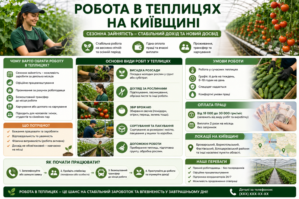 Інфографіка про роботу в теплицях на Київщині, умови праці, види робіт, оплату, переваги та порядок працевлаштування.