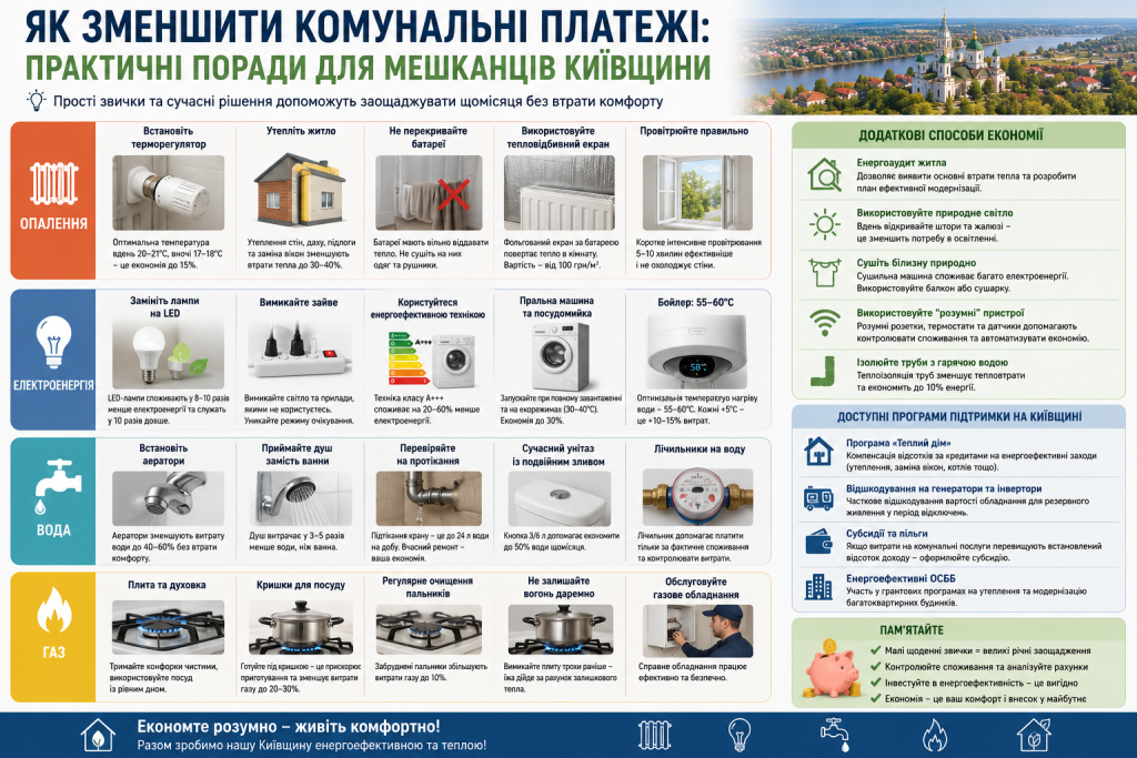 Інфографіка з порадами щодо економії на опаленні, електроенергії, воді та газі для мешканців Київщини, з описом доступних програм підтримки та способів заощадження