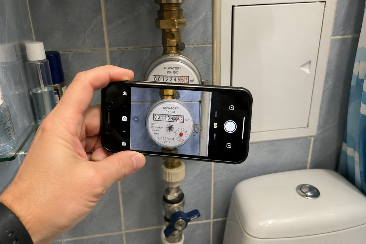 Рука тримає смартфон, яким фотографує лічильник холодної води марки Novator на фоні кахельної стіни у ванній кімнаті