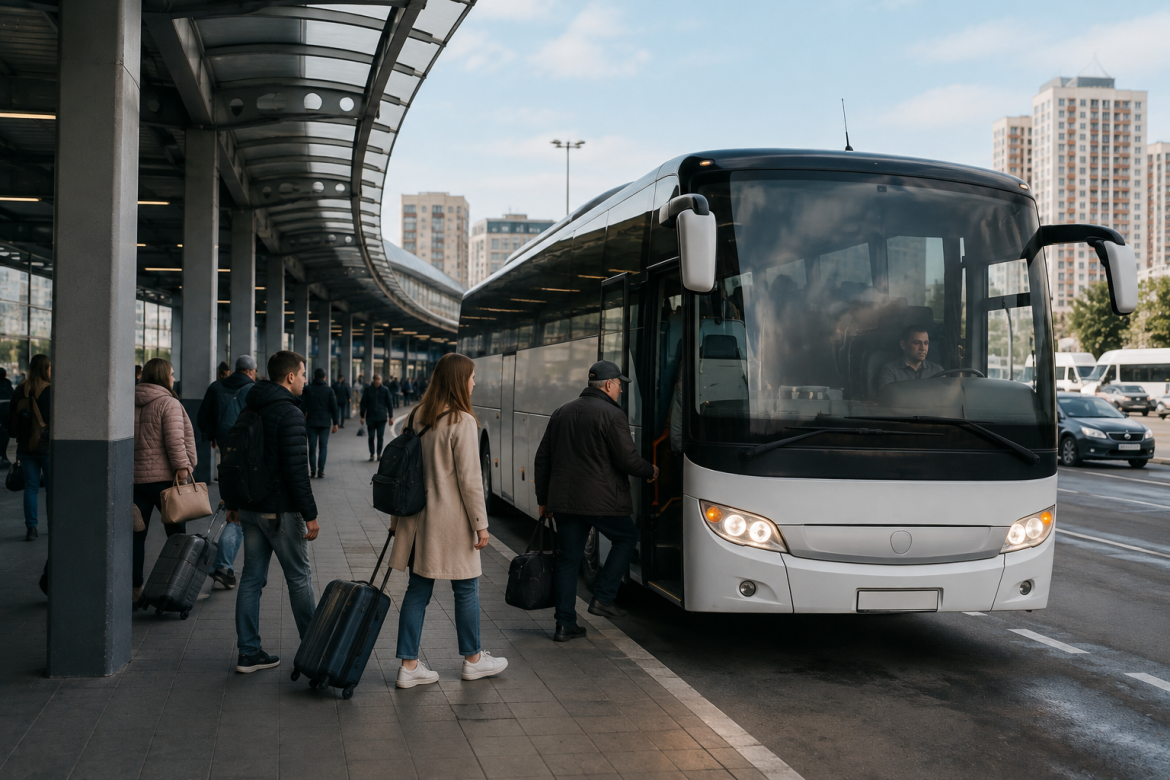 Міжміський автобус стоїть біля платформи автостанції в Києві, де пасажири готуються до посадки на рейс.
