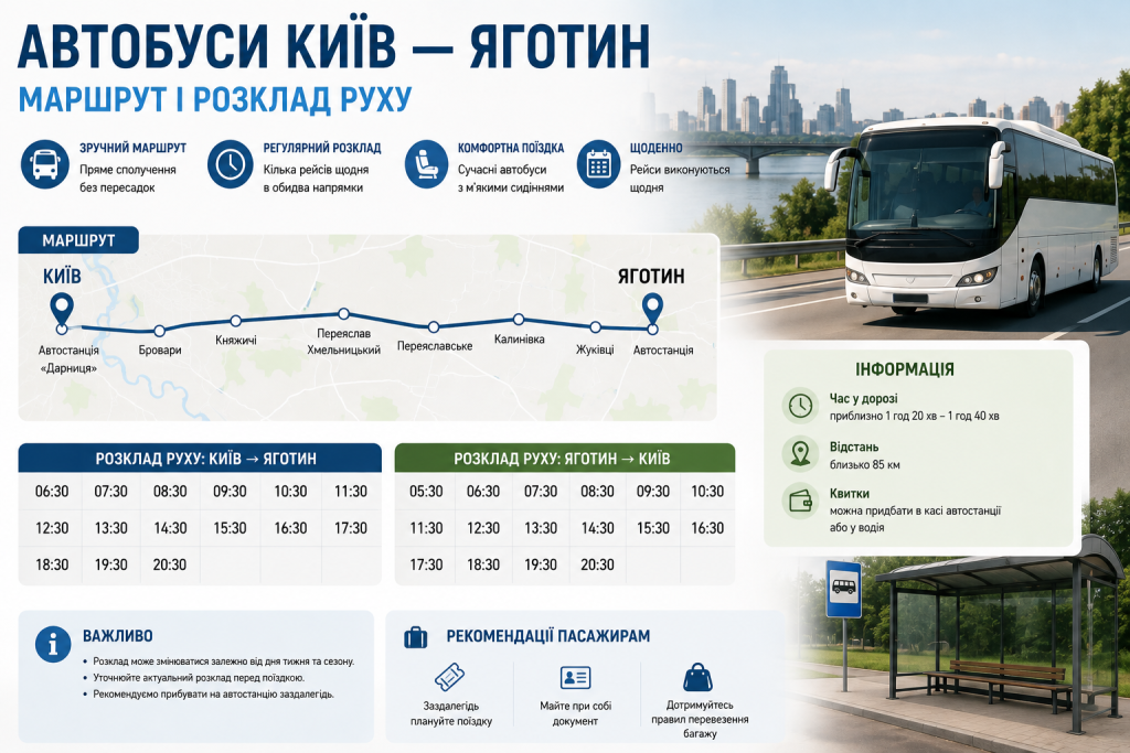 Інфографіка з маршрутом автобусів Київ — Яготин, орієнтовним розкладом руху, часом у дорозі та інформацією для пасажирів.