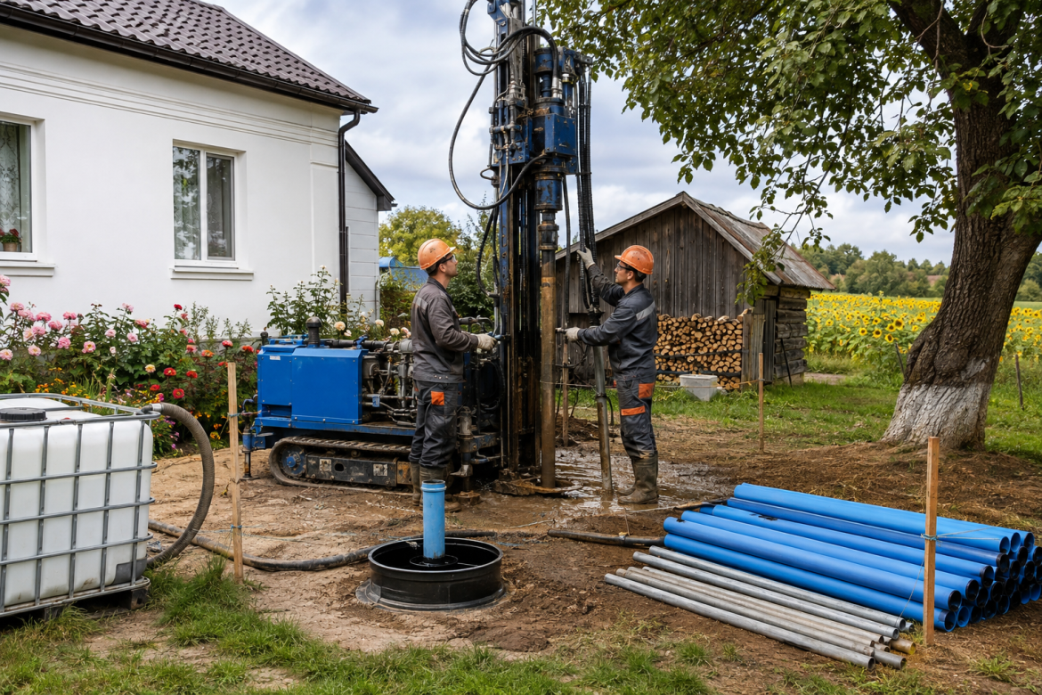 Бригада робітників бурить свердловину на воду біля приватного будинку за допомогою бурової установки