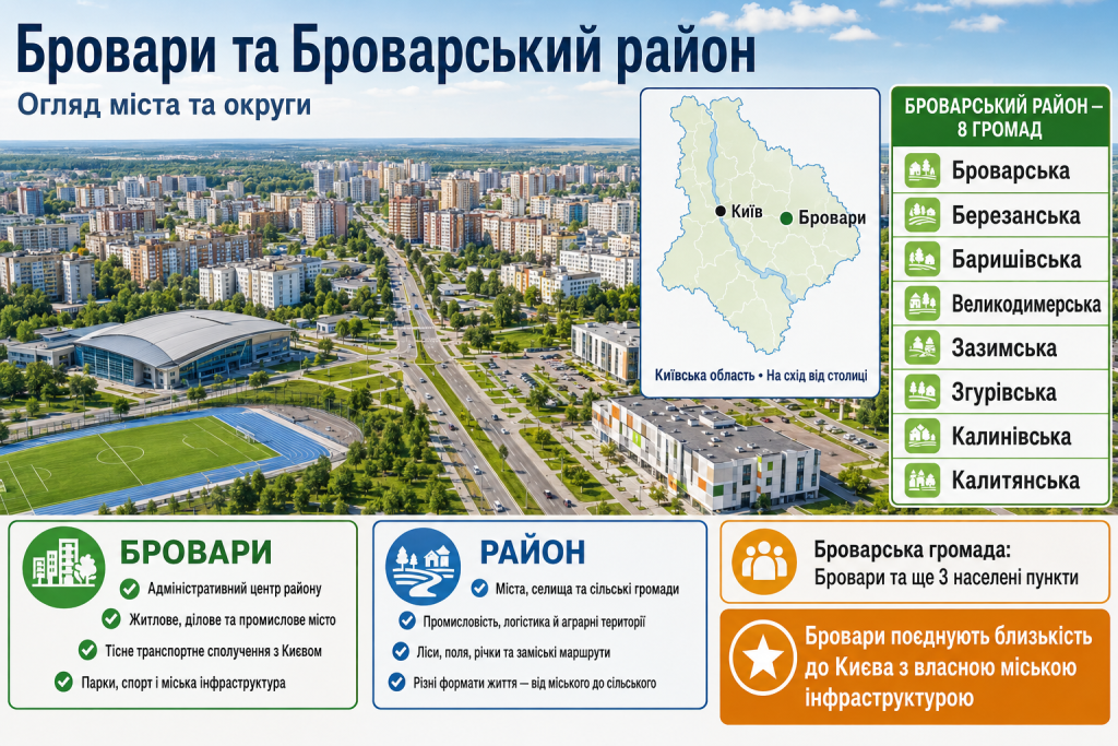 Інфографіка про Бровари, Броварський район, карту розташування та громади Київської області