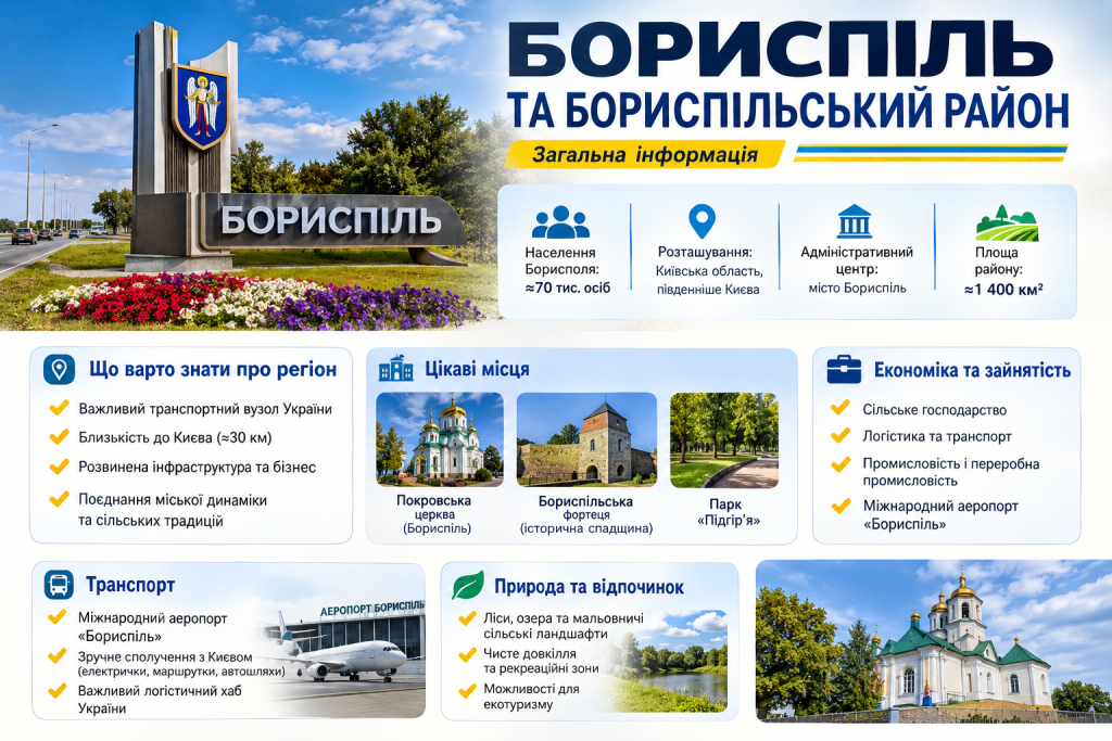 Інфографіка про Бориспіль і Бориспільський район з інформацією про населення, транспорт, економіку, природу та цікаві місця.