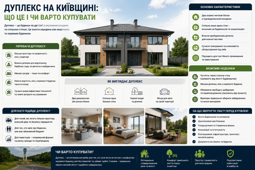 Інфографіка про дуплекс на Київщині з характеристиками, перевагами, недоліками та порадами щодо вибору житла.