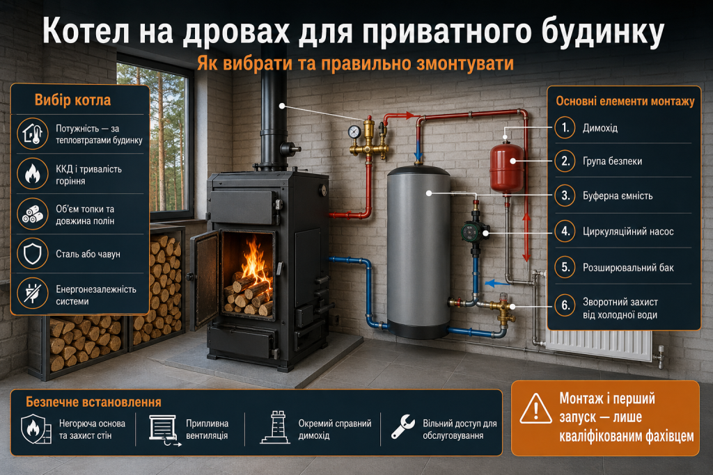 Інфографіка зі схемою дров’яного котла, системи опалення та основними вимогами до безпечного монтажу