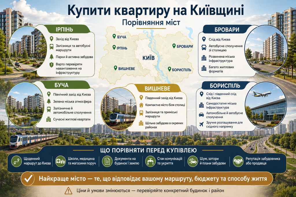 Інфографіка з порівнянням Ірпеня, Бучі, Вишневого, Броварів і Борисполя для купівлі квартири на Київщині