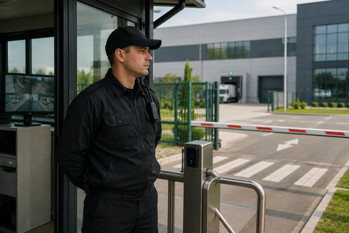 Охоронник у чорній формі чергує на прохідній промислового підприємства біля шлагбаума та системи відеоспостереження.