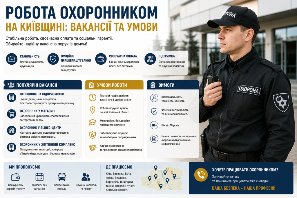 Інфографіка про роботу охоронником у Київській області, популярні вакансії, вимоги до кандидатів та умови працевлаштування.