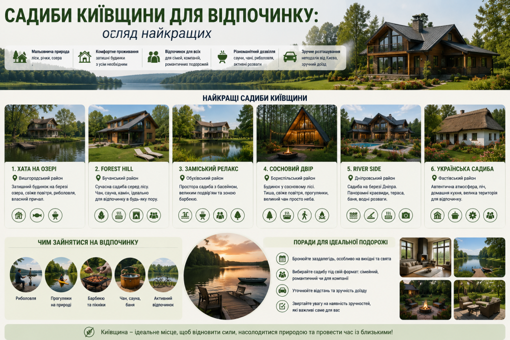 Інфографіка з оглядом садиб Київщини для заміського відпочинку, розваг, риболовлі, сауни та відпочинку на природі.