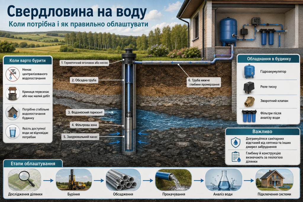 Інфографіка зі схемою свердловини на воду, водоносним горизонтом, насосом, трубопроводом та обладнанням у будинку