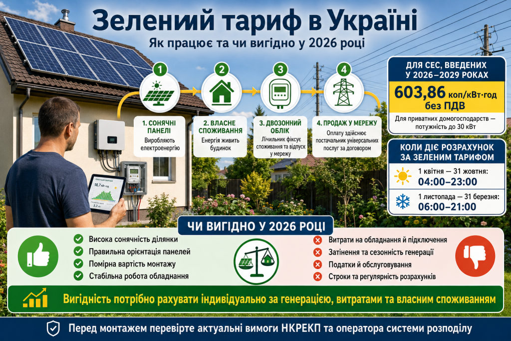 Інфографіка про принцип роботи зеленого тарифу в Україні, продаж електроенергії та вигідність сонячних панелей